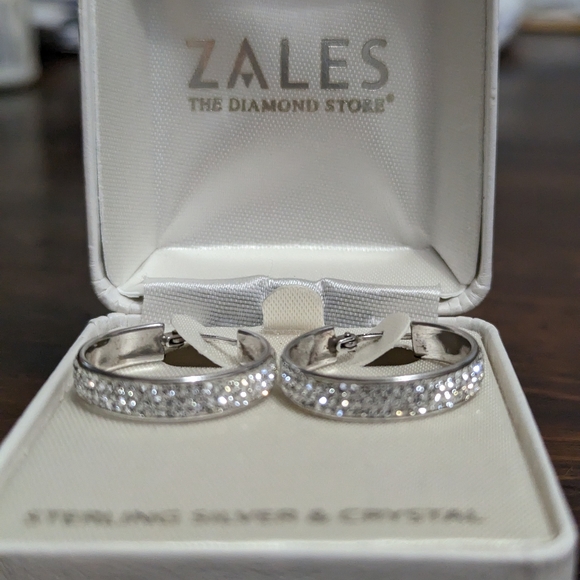 New Zales Sterling Silver & Crystal Hoop Earrings - Picture 2 of 4